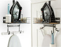 Farmhouse Ironing Board Hanger Wall Mount or Over the Door - Universal Laundry Room Ironing Board Holder Caddy with Iron Holder Shelf-Adjustable Hooks to Hold Ironing Boards Large & Small - Black