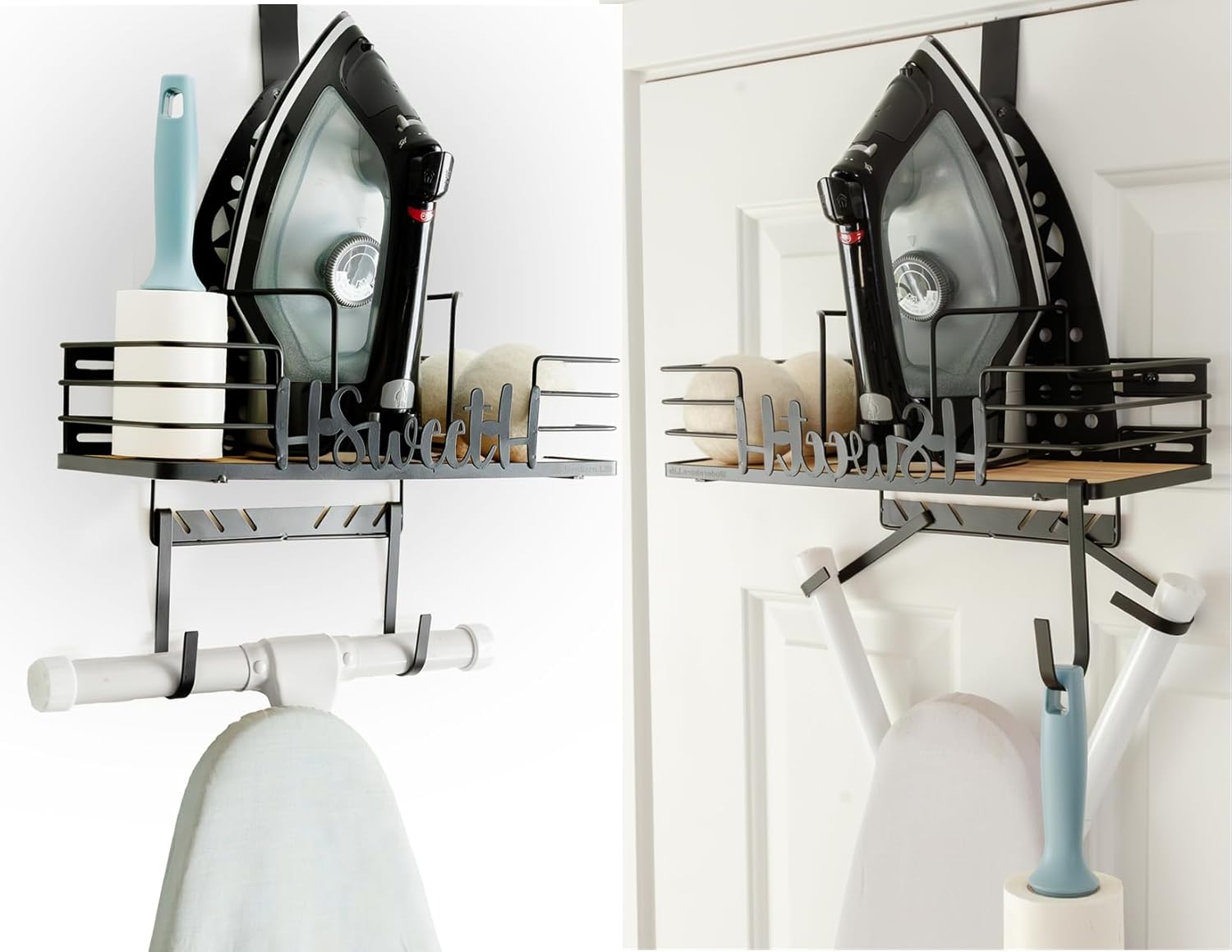 Farmhouse Ironing Board Hanger Wall Mount or Over the Door - Universal Laundry Room Ironing Board Holder Caddy with Iron Holder Shelf-Adjustable Hooks to Hold Ironing Boards Large & Small - Black