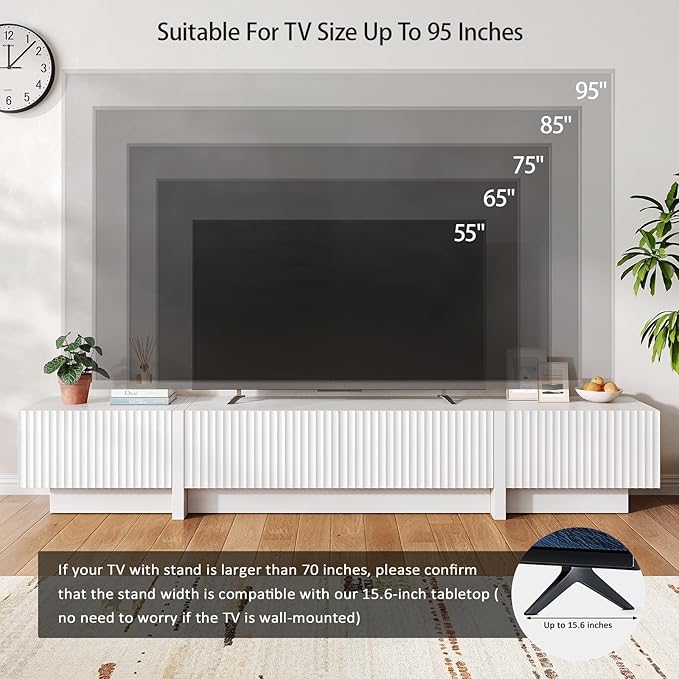 98” TV Stand for Living Room, Modern Entertainment Center with Drawers & Storage Compartments, Large TV Console Fits 55”-95” TVs, Square Top with Grooved Drawer Fronts & Stable Base,White