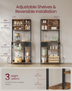 VASAGLE Bakers Rack with Charging Station, Coffee Bar, 15.7 x 31.5 x 71 Inches, Kitchen Microwave Stand, Adjustable Storage Shelves, Fabric Drawer, 12 Hooks, Rustic Brown and Ink Black UKKS015K01