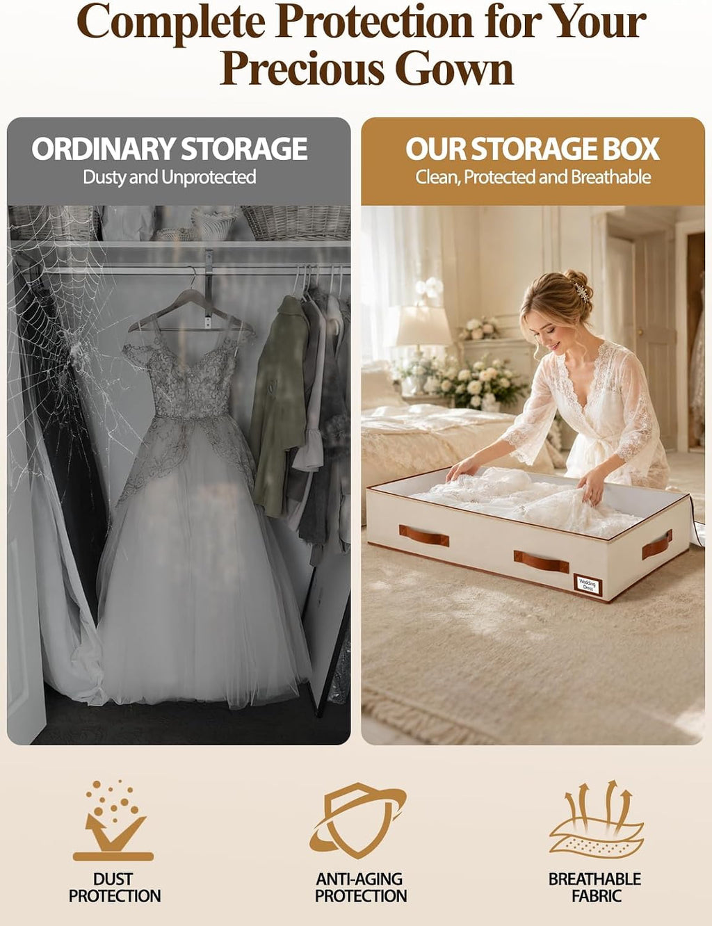 punemi 70L Under Bed Wedding Dress Preservation Box, Beige | With 30 Sheets Acid-Free Tissue Paper & Microfiber Gloves, for Wedding Dresses, Evening Gowns & Heirlooms