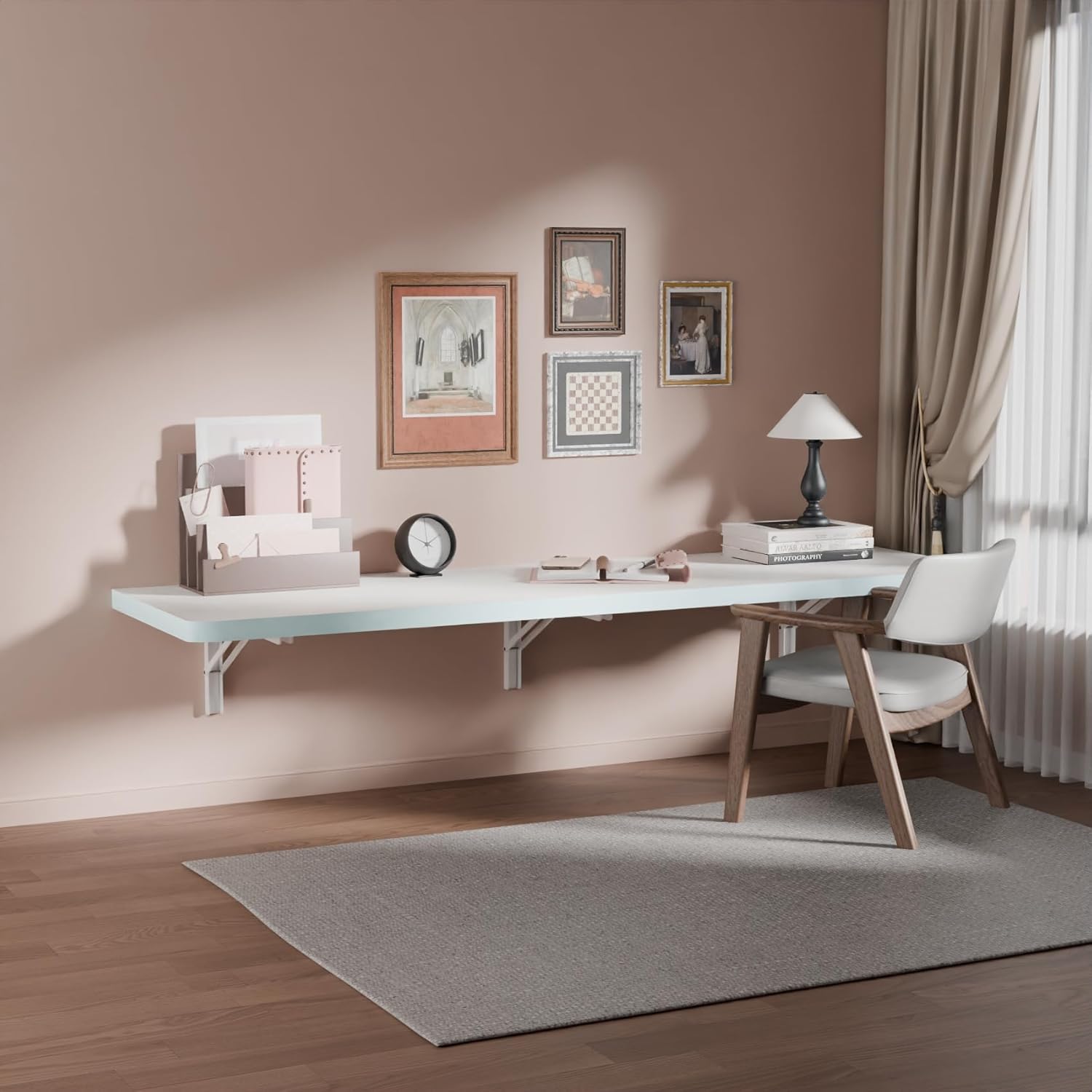 IAE Wall Mounted Folding Table with Pine Wood,55" x 16" Floating Wall Desk,Laundry Folding Table with Shelf Brackets,Fold Down Desk Shelf,Folding Workbench for Home,Dining,Laundry Room,Kitchen,White