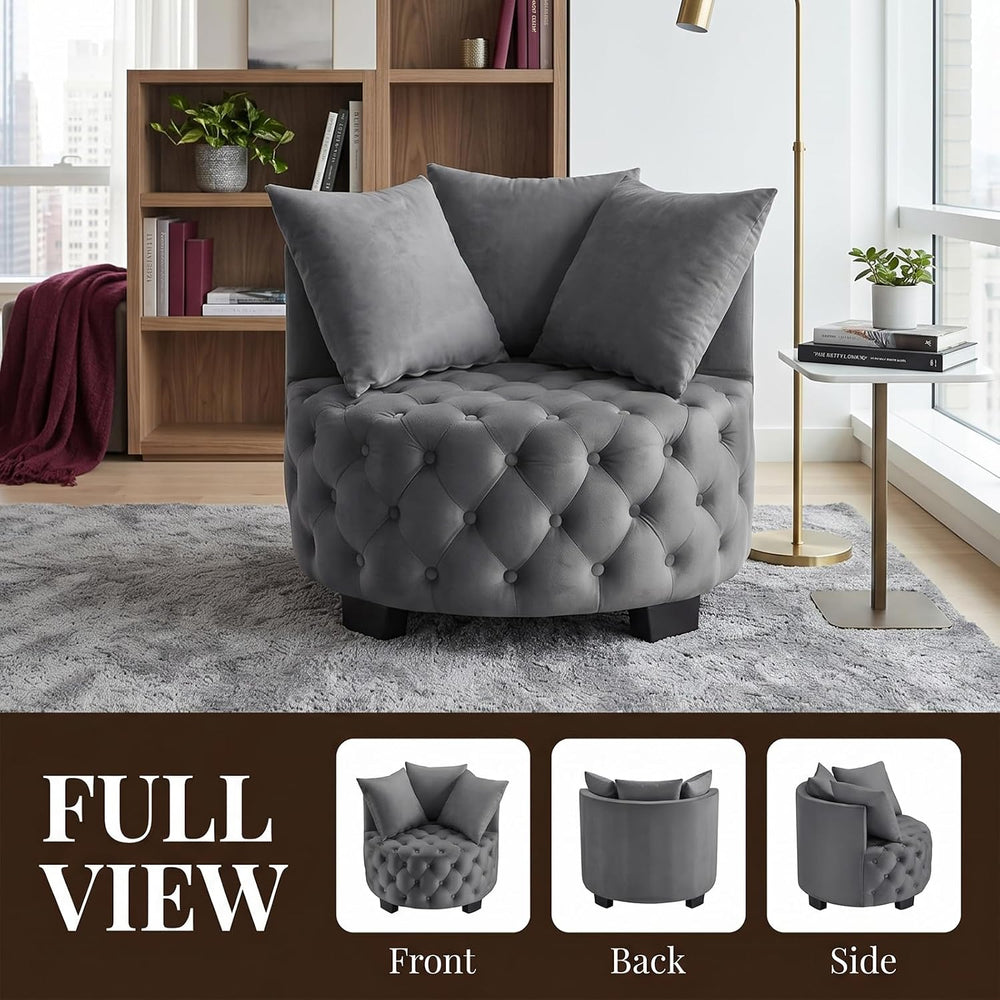 Upholstered Tufted Accent Barrel Chair with 3 Pillows, Contemporary Round Lou...