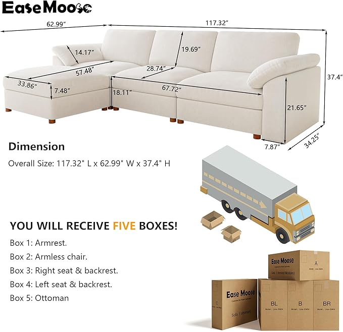 EASE MOOSE Sectional Modular Sofa, Oversized L Shape Sectional Couch Wide Deep seat Sectional Sofa,FSC Certified Comfortable Chenille White Modular Sofa