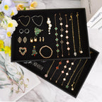 Velvet Jewelry Tray for Drawers Black Jewelrys Display Tray Stackable Jewelry Organizer Trays for Necklace Bracelet Ring Watch (4, Black)