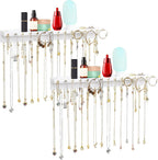 YYILIS Necklace Holder, Upgraded Extra Large Wall Necklace Organizer with 30 Hooks Wall Mounted Necklace Hanger with Jewelry Tray/Cosmetics Shelf Rustic Pine Wood Holder (2 Pack-Double White)