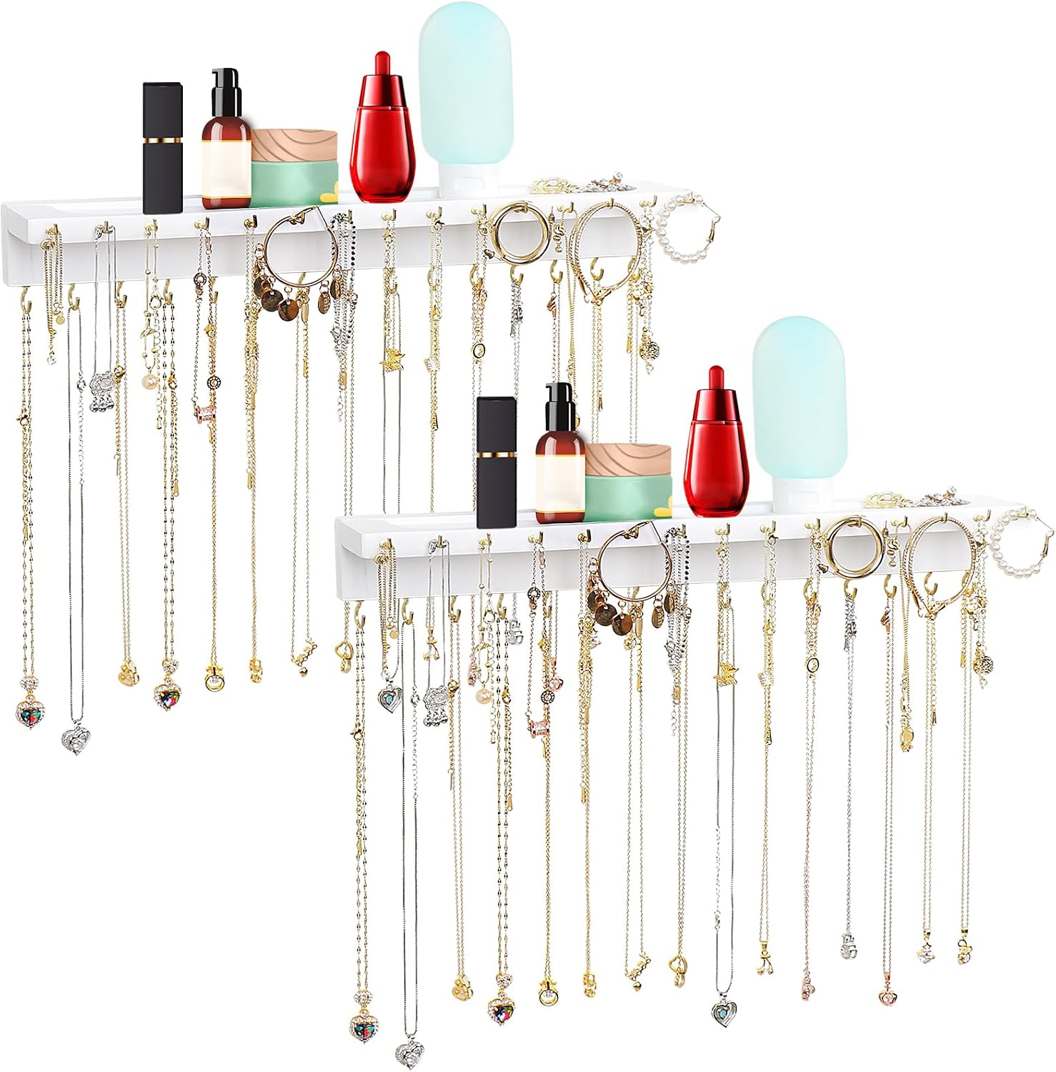 YYILIS Necklace Holder, Upgraded Extra Large Wall Necklace Organizer with 30 Hooks Wall Mounted Necklace Hanger with Jewelry Tray/Cosmetics Shelf Rustic Pine Wood Holder (2 Pack-Double White)