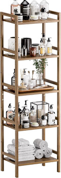 HITNET Bamboo Book Shelf, Tall Narrow Bookcase, Bathroom Shelving Unit 5 Tier Floor Standing Adjustable Bookshelf for Small Spaces, Walnut