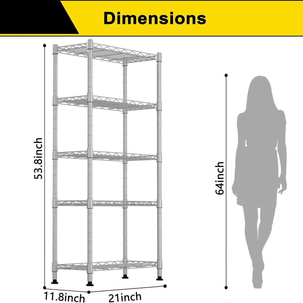 GIOTORENT 5-Wire Garage Shelving Storage Shelves, Kitchen Storage Adjustable Shelf, Metal Shelves 500Lbs Capacity 21" L x 11.8" W x 53.8" H for Laundry Bathroom Pantry Closet, Grey