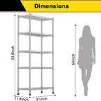 GIOTORENT 5-Wire Garage Shelving Storage Shelves, Kitchen Storage Adjustable Shelf, Metal Shelves 500Lbs Capacity 21" L x 11.8" W x 53.8" H for Laundry Bathroom Pantry Closet, Grey
