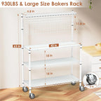 Leteuke Bakers Rack with Storage & Wheels, 42 Inch Microwave Stand Kitchen Shelves, 4-Tier Heavy Duty Microwave Cart Storage Rack with 20 S-Hooks, Metal Utility Kitchen Cart, 42× 18× 63 Inch, White