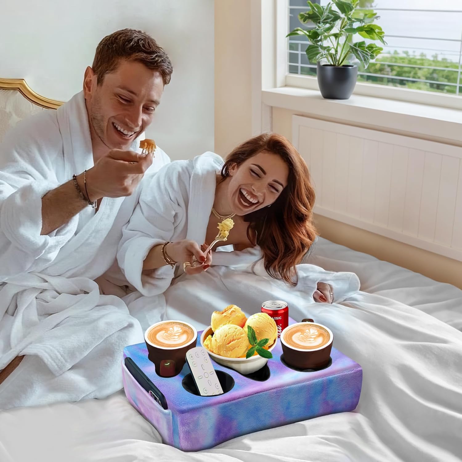 Couch Cup Holder Pillow, 5 Hole Couch Drink Holder! Keep Drinks Hand Side and Keep Temp, Prevent Spills and Use Anywhere. Cup Holder for Couch, Bed, Camping, RV, Car, Beach. Violet