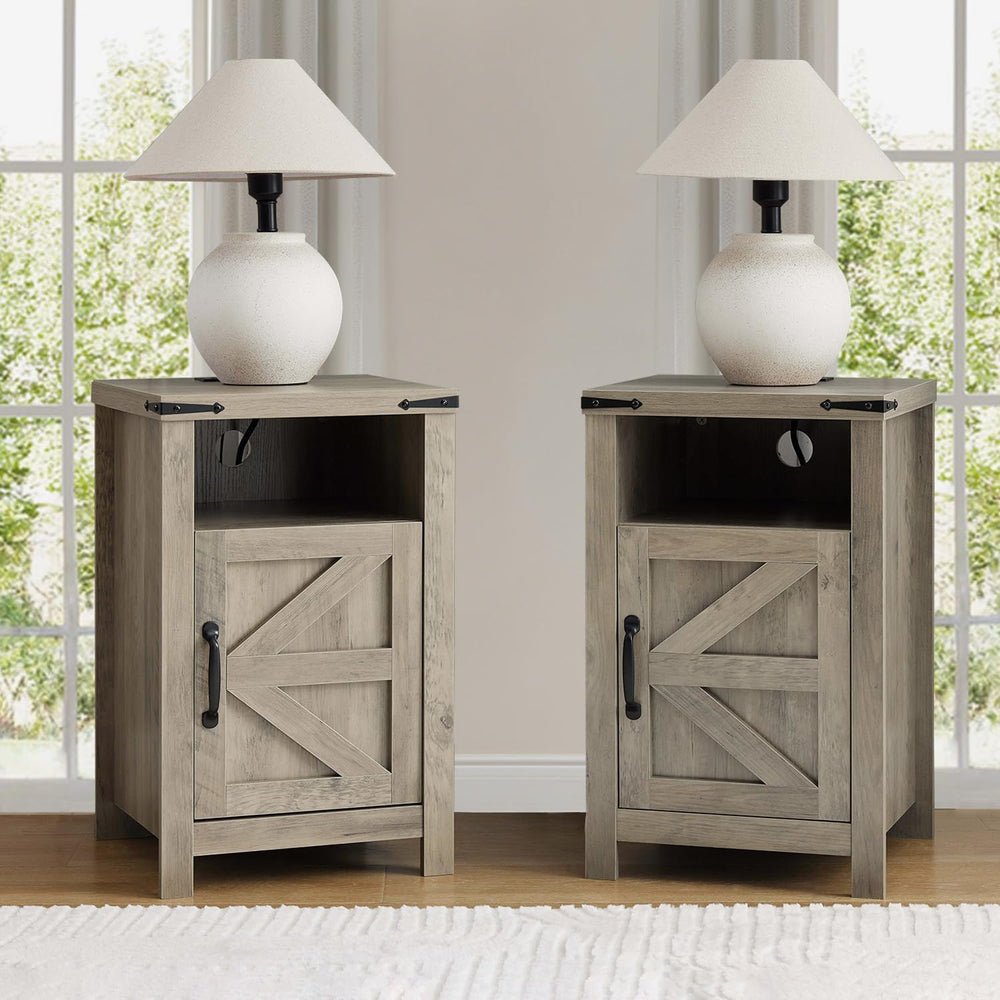 Farmhouse Nightstand Set of 2, Bedside Table with Charging Station, Night Sta...