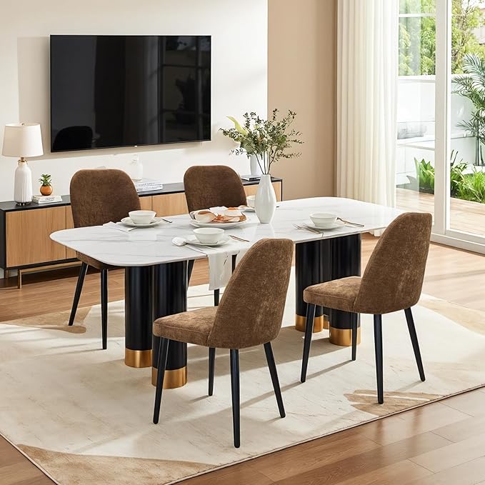Upholstered Dining Chairs Set of 4, Chenille Mid Century Modern Fabric Dining Room Chair High-Back Padded Kitchen Chairs with Padded Seat and Metal Legs for Kitchen Dining Room Restaurant Cafe, Brown