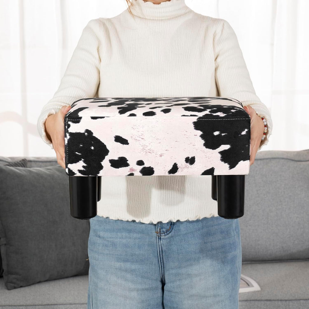 Adeco Small Cow Print Ottoman Foot Stool with Legs, Small Footstool, Fabric Seat with Thick Cushion, for Living Room, Bedroom, Entryway, 335 lb Weight Capacity