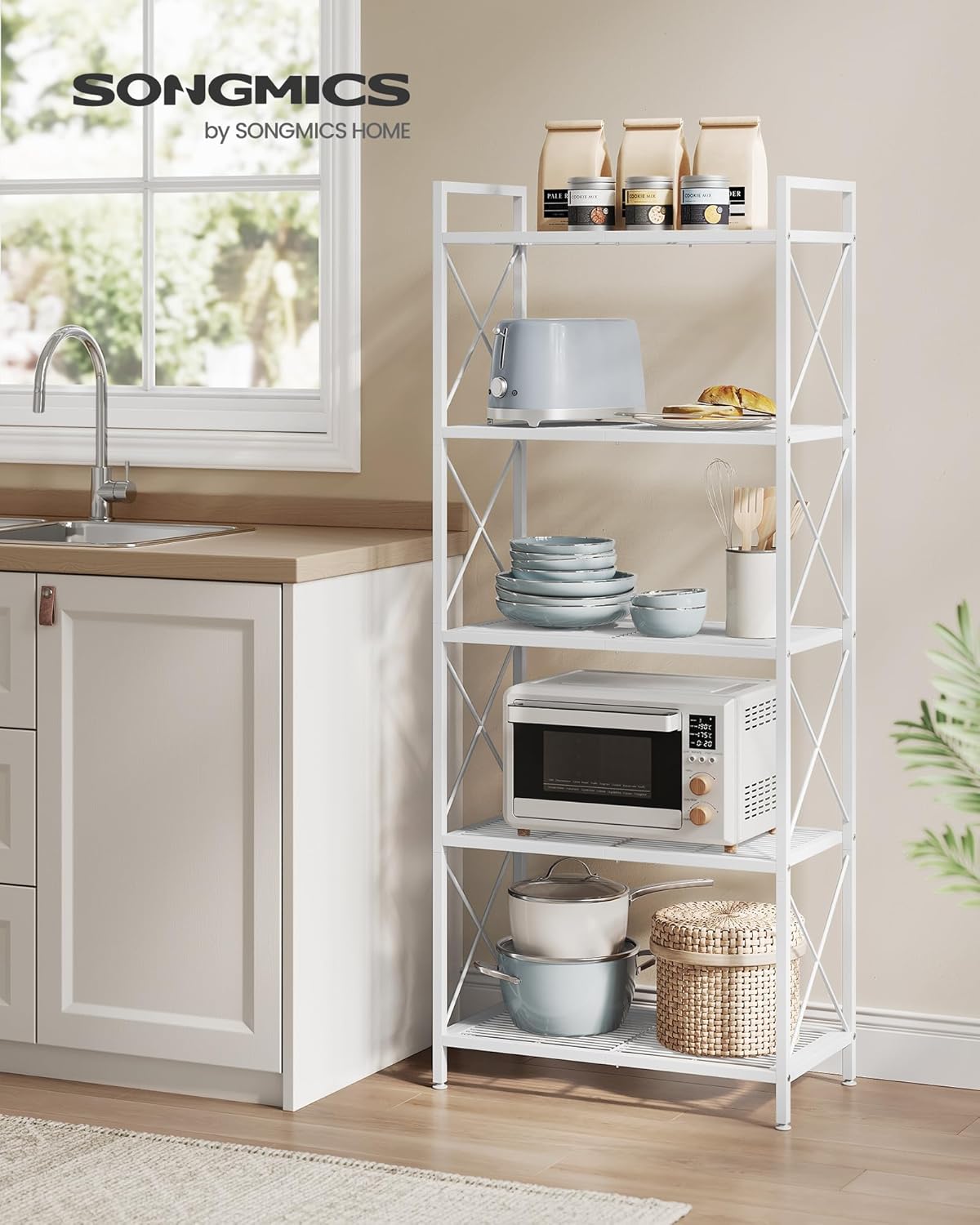 SONGMICS 5-Tier Metal Storage Rack, Shelving Unit with X Side Frames, Dense Mesh, 12.6 x 23.6 x 57.3 Inches, for Entryway, Kitchen, Living Room, Bathroom, Industrial Style, Cloud White UBSC165W01