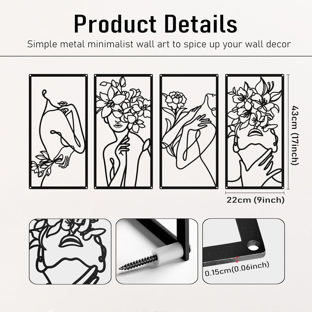 Bakovity Black Metal Wall Art, Abstract Minimalist Floral Woman Wall Decor