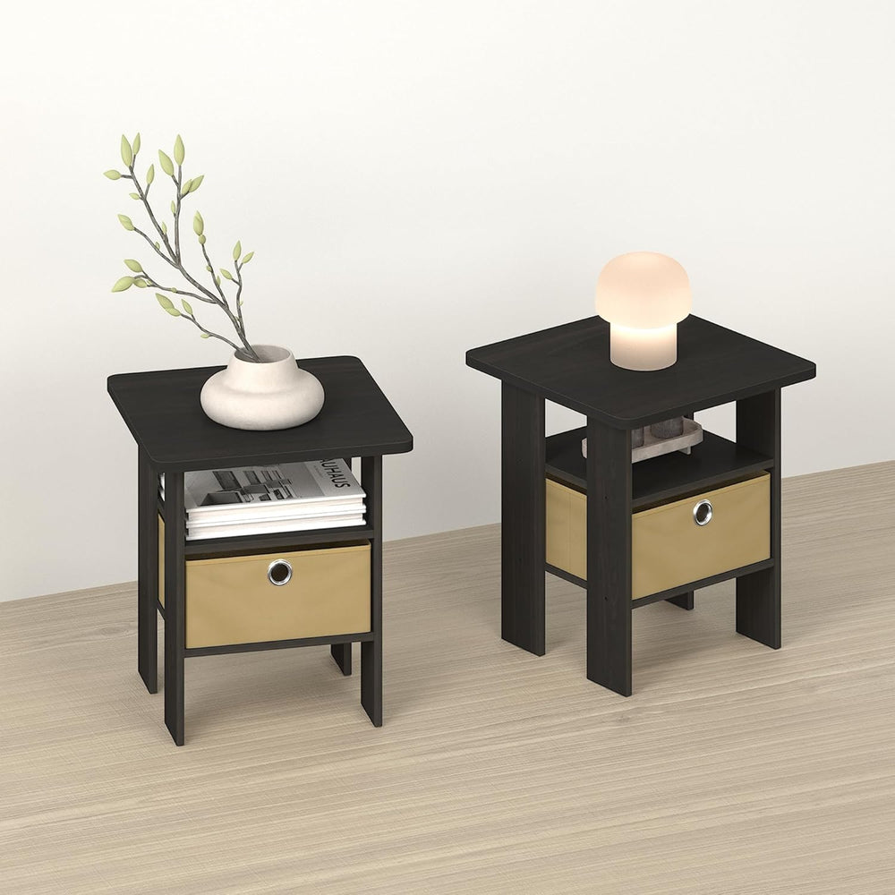 OTA Side Table, End Table, Night Stand with Bin Drawer, Ebony/Brown, Set of 2