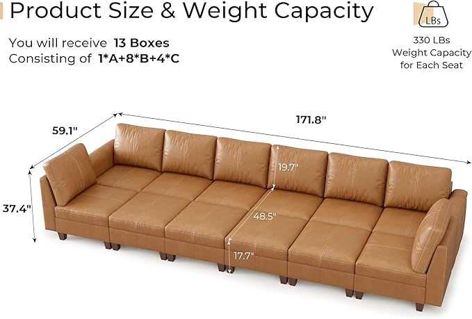 SITJOY 172" Faux Leather Modular Sectional Sofa with Storage, Mid Century Modern Sectional Couches for Living Room, Soft Padded Armrests, Oversized 12 Seat Sofa Bed with Chaise, Brown