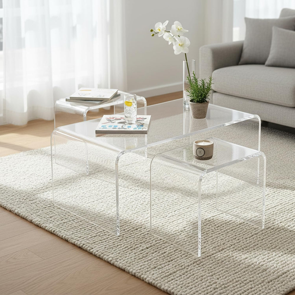 Clear Acrylic Coffee Table Set of 3, Modern Rectangular Coffee Table + 2 Tran...