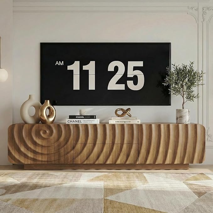 58'' TV Stand for 65 Inch TV, Modern Spiral Wave Media Console with Storage Cabinet and 2 Drawers, Low Profile Entertainment Center for Living Room Bedroom (Walnut)