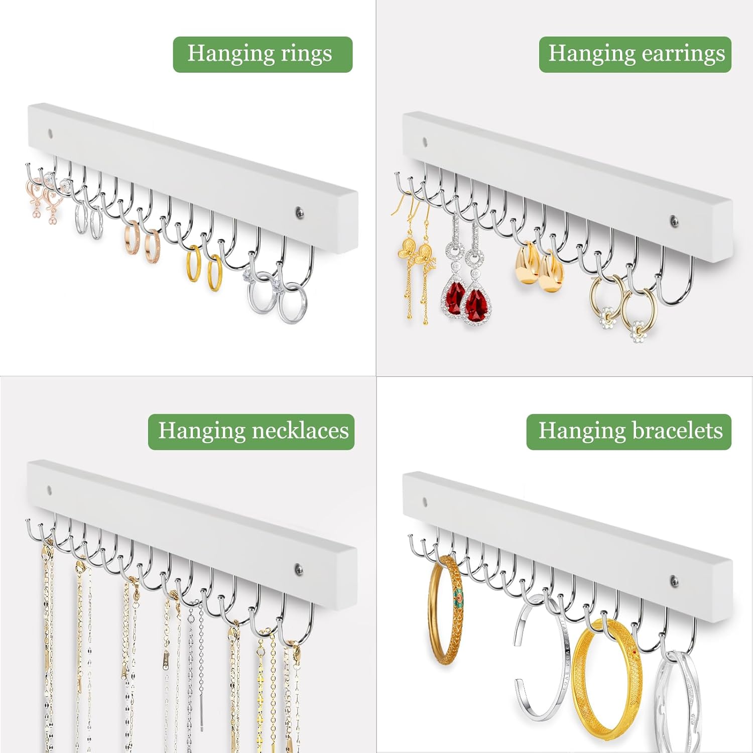 Necklace Holder Wall Mounted Jewelry Organizer - 2 Pack Wooden with 28 Hooks, Hanging Earring & Ring Bracelet Storage, Decorative Space-Saving Jewelry Display (White)