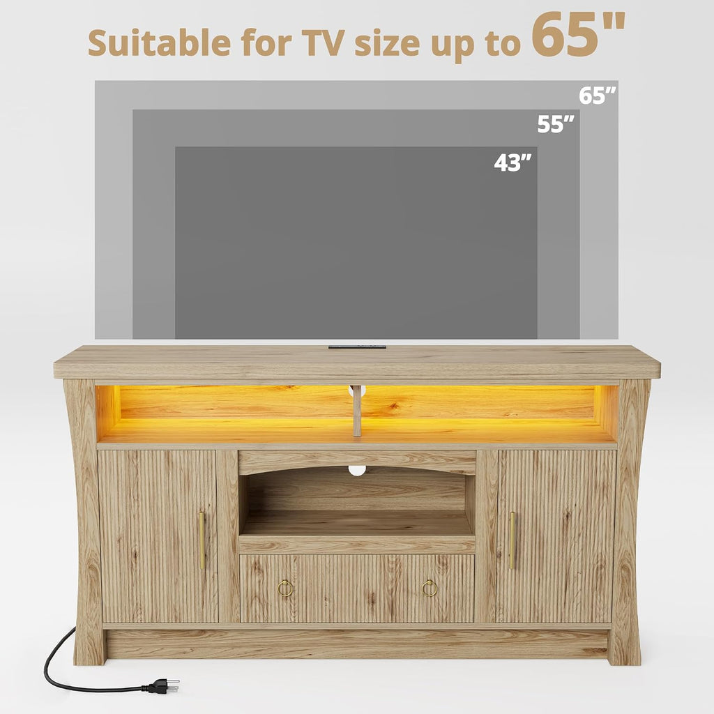 LIKIMIO TV Stand for 65 inch TVs, Entertainment Center with Power Outlet | 2 Storage Cabinets and Drawer. 60,000-color LED with Remote and APP Control. Cable Management Hole. P2 MDF. Easy Setup.