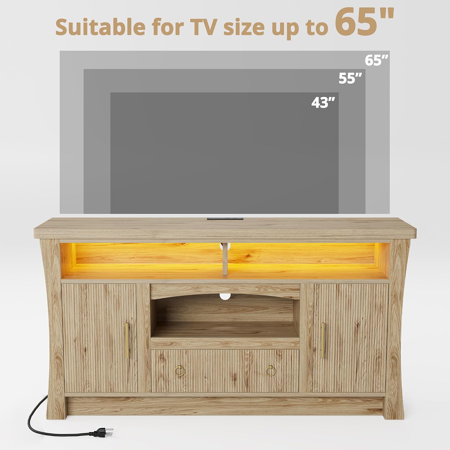 LIKIMIO TV Stand for 65 inch TVs, Entertainment Center with Power Outlet | 2 Storage Cabinets and Drawer. 60,000-color LED with Remote and APP Control. Cable Management Hole. P2 MDF. Easy Setup.