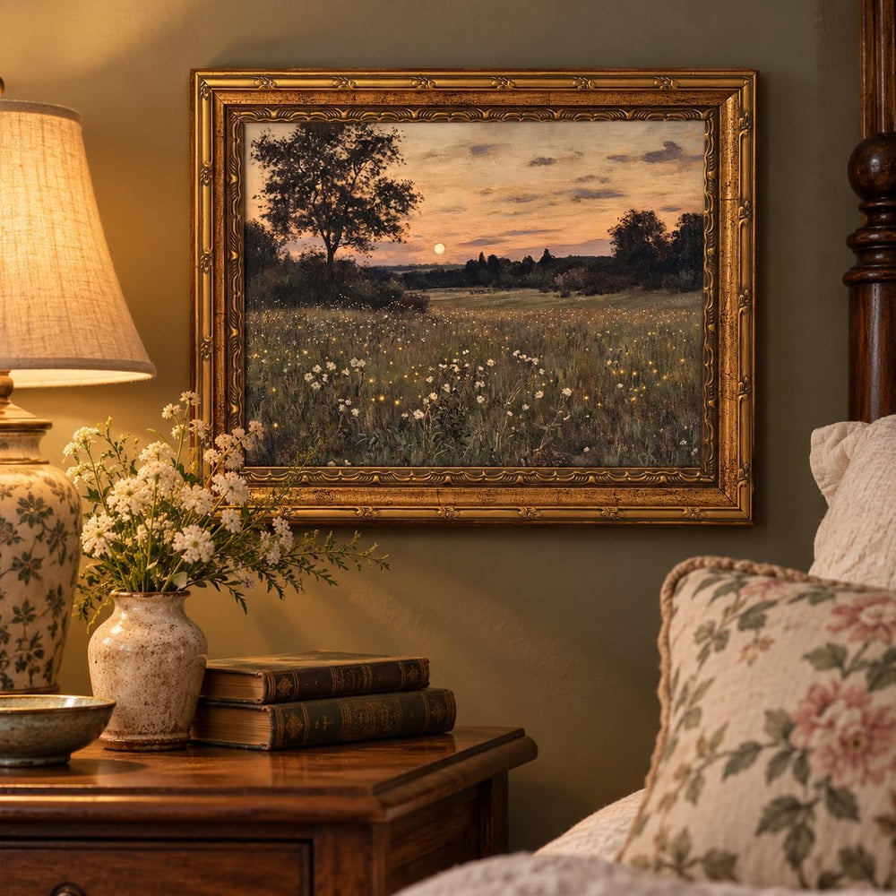 Vintage Gold Framed Rustic Firefly Field Landscape Wall Art 16x24Inch