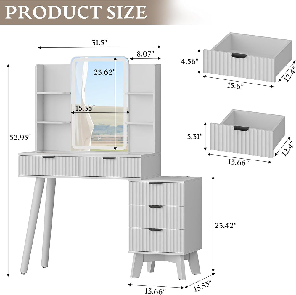 Xixini Fluted Vanity Desk with LED Lights Mirror & Charging Station, White