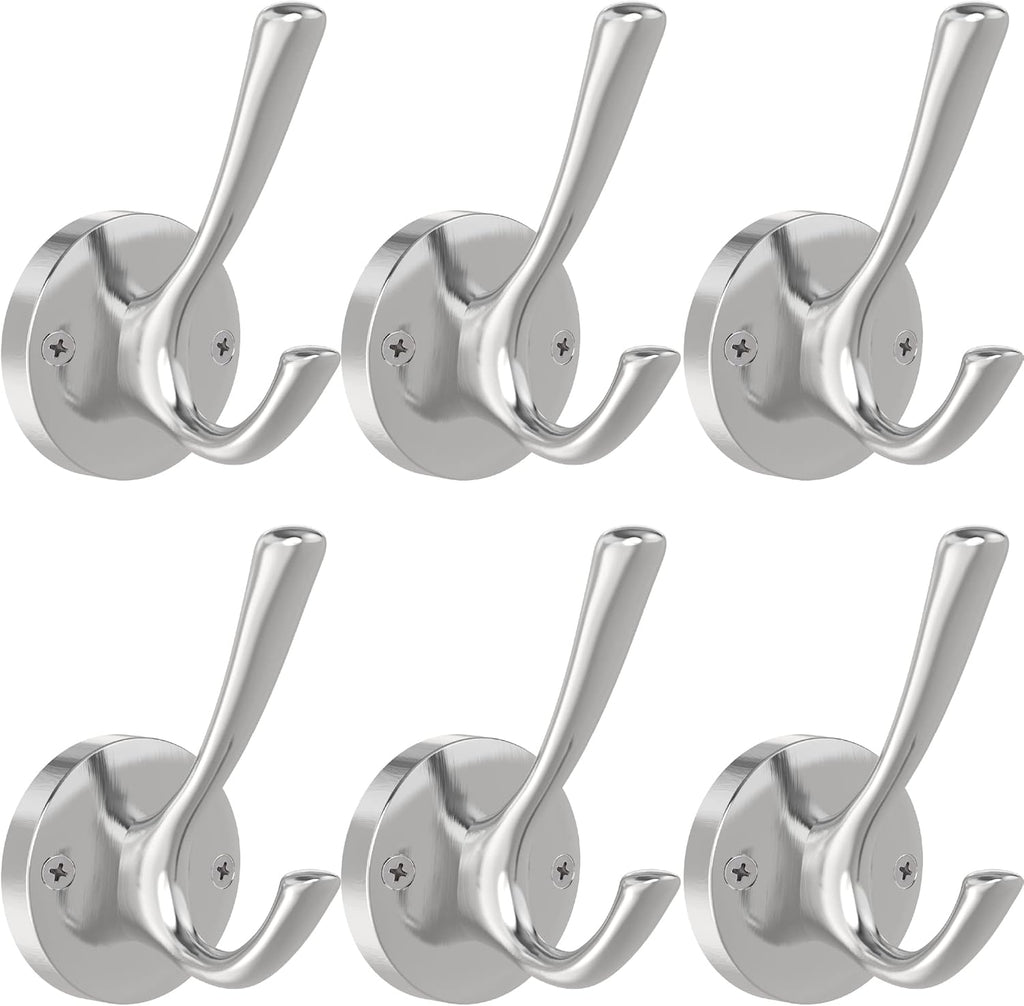 Brushed Nickel Wall Hooks, 6 Pack Coat Robe Hook Heavy Duty Metal Double Bath Hook Wall Mounted, Hand Towel Hooks for Cubicle Bathroom Kitchen Closet Garage