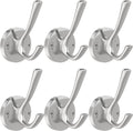 Brushed Nickel Wall Hooks, 6 Pack Coat Robe Hook Heavy Duty Metal Double Bath Hook Wall Mounted, Hand Towel Hooks for Cubicle Bathroom Kitchen Closet Garage