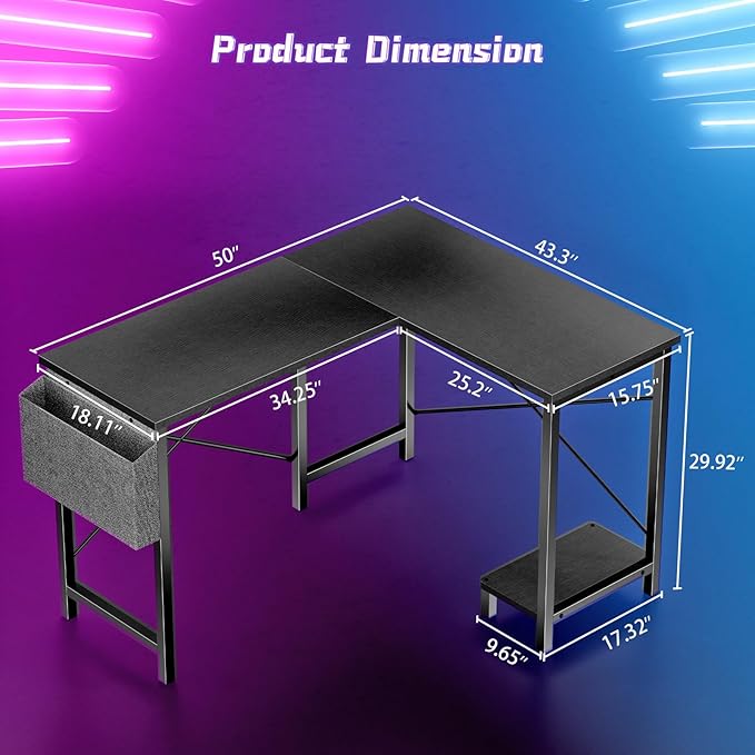 Sweetcrispy L Shaped Computer Desk - Corner Gaming PC Table with CPU Stand Side Bag for Home Office Dorm Sturdy Writing Studying Workstation Modern Simple Reversible, 50-Inch, Inky Black