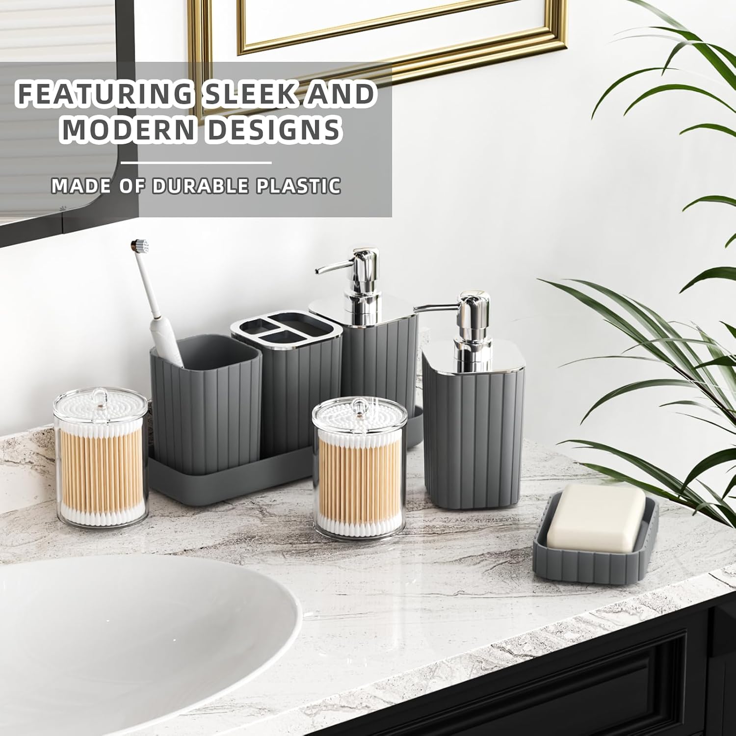 Bathroom Accessories Set- 25PC Grey Bathroom Set, Bathroom Set with Shower Curtain and Rugs, Shower Curtain Set, Toilet Brush, Trash Can, Qtip Holder Dispenser & Soap Dispenser
