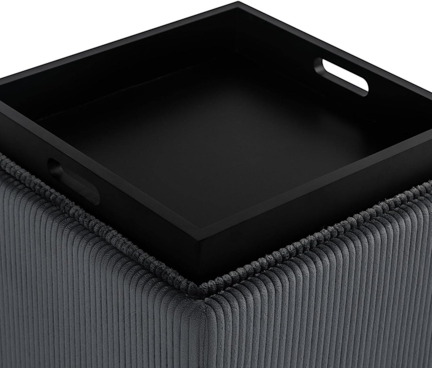 Adeco 17" Corduroy Storage Ottoman with Reversible Tray Lid, Modern Square Footstool for Living Room, RV & Dorm, Sturdy 355lbs Capacity Coffee Table & Side Table, Gray