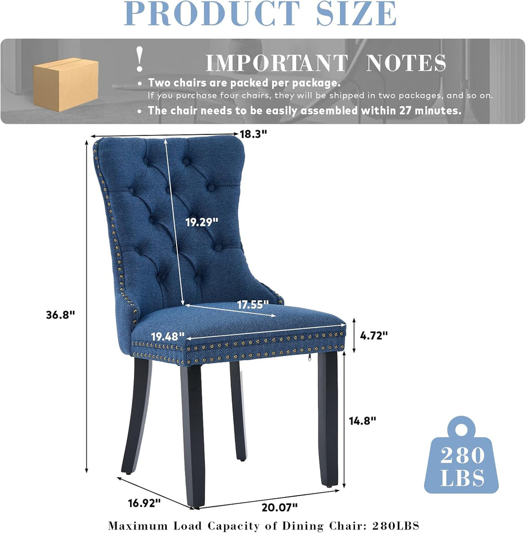SoarFlash Linen Fabric Dining Chair Set of 2, Upholstered Tufted Dining Room Chair with Nailhead Trim and Solid Light Color Wood Leg for Kitchen (Blue)