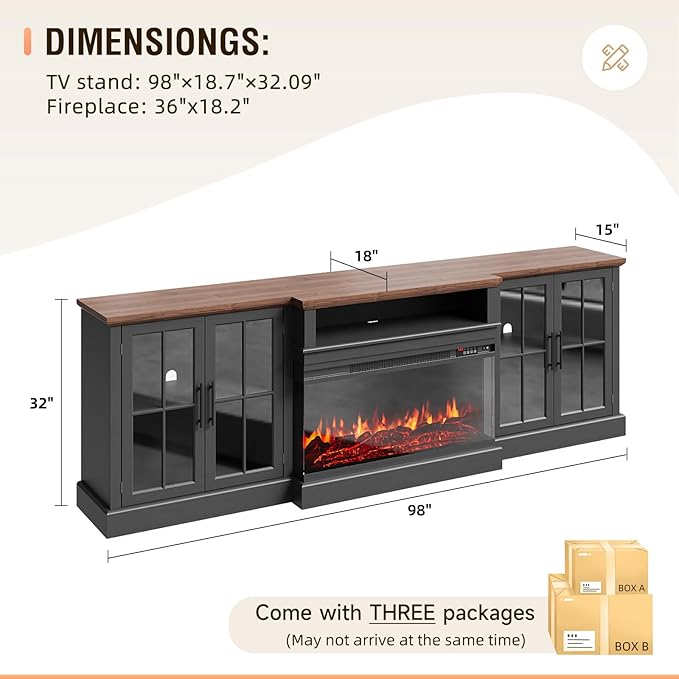 98" Farmhouse TV Stand with 36" Fireplace for TVs up to 100", Media Entertainment Center with Adjustable Shelves and Large Storage Cabinets, for Living Room, Black & Black