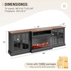 98" Farmhouse TV Stand with 36" Fireplace for TVs up to 100", Media Entertainment Center with Adjustable Shelves and Large Storage Cabinets, for Living Room, Black & Black