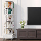 Solid Wood Rotating Bookshelf Tower, 5 Tier Spinning Bookcase with Drawer, 72" Floor Standing Revolving Bookshelf on Wheels, Corner Bookcase for Small Space, White
