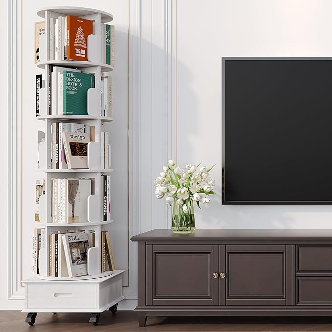 Solid Wood Rotating Bookshelf Tower, 5 Tier Spinning Bookcase with Drawer, 72" Floor Standing Revolving Bookshelf on Wheels, Corner Bookcase for Small Space, White