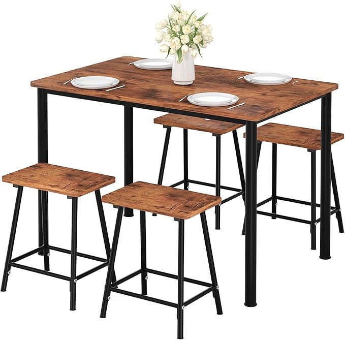 VECELO Kitchen Table and Chairs for 4, Dining Room Set with Chairs/Stools, Heavy-Duty Metal Frame with Wooden Tabletop for Small Spaces, Easy Assembly, Retro Brown