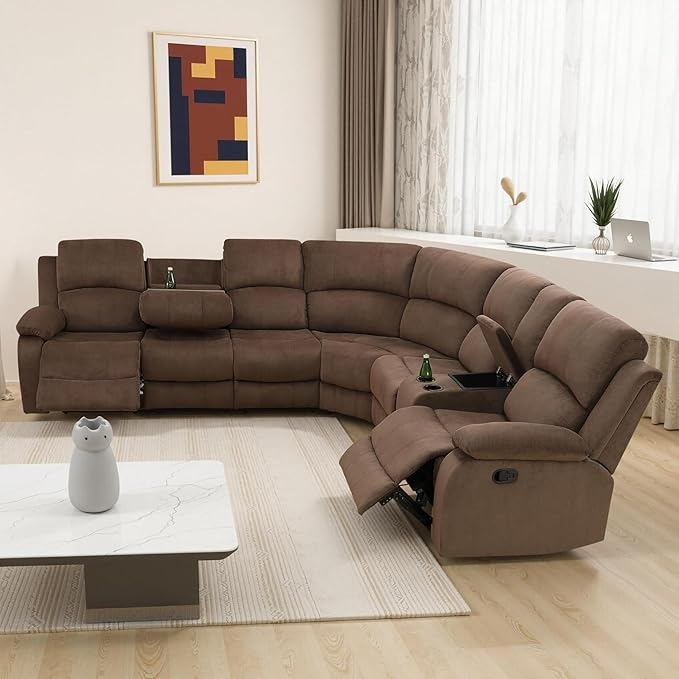 Manual Recliner Sectional Sofa Set, Fabric L-Shaped Living Room Furniture Sets, Reclining Sectional Corner Couch with Drop-Down Table/Storage Console/Cup Holders for Home Office (Brown, Sectional)