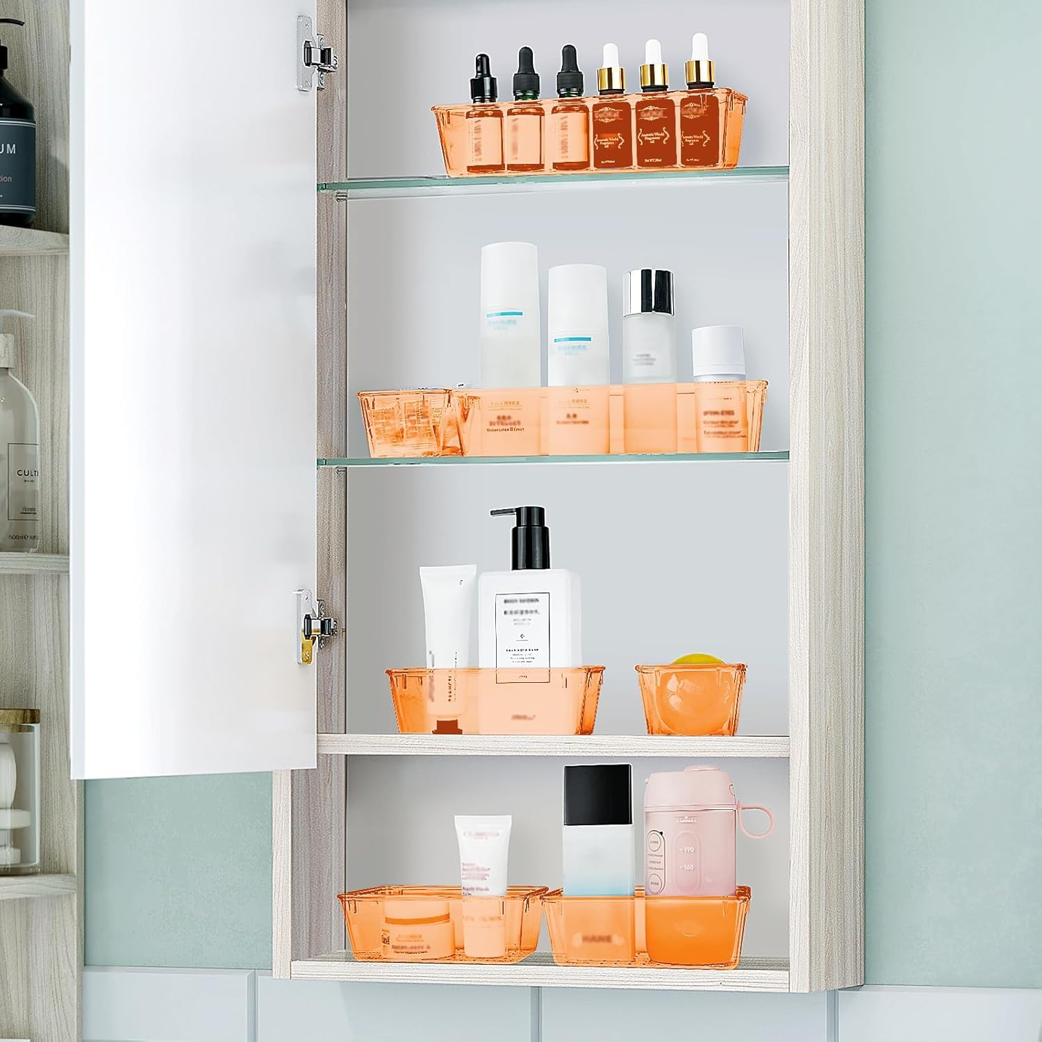 WOWBOX 25 PCS Plastic Drawer Organizer Set, 4 Sizes Desk Drawer Divider Organizers and Storage Bins for Makeup, Jewelry, Gadgets for Kitchen, Bedroom, Bathroom, Office, Clear Orange