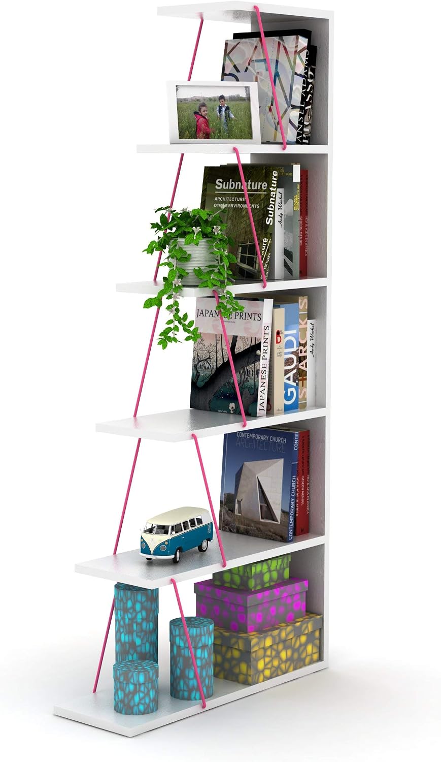 5 Tier Ladder Bookshelf Organizers, Narrow Bookshelf for Small Spaces Office Furniture Bookcase,White,Pink