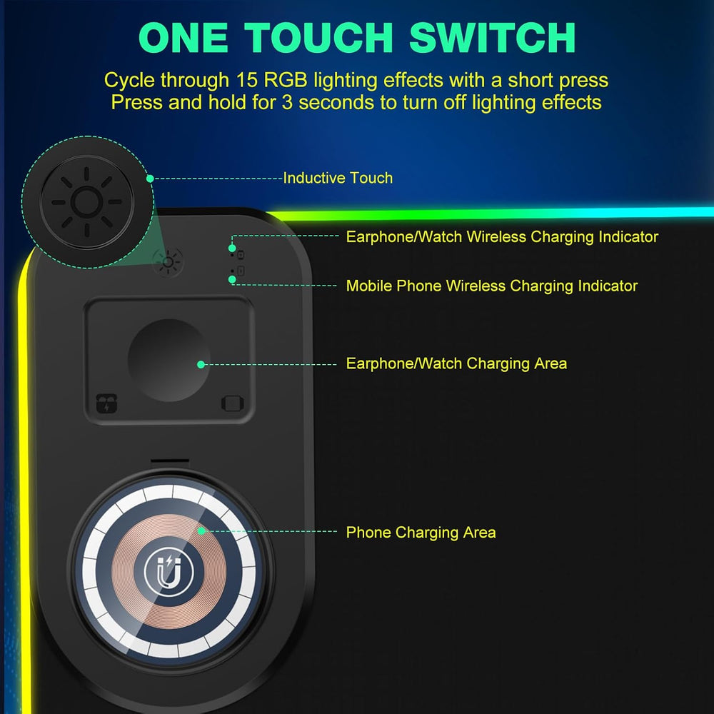 RGB Gaming Mouse Pad Wireless Charging Desk Mat with Foldable Phone Stand, La...