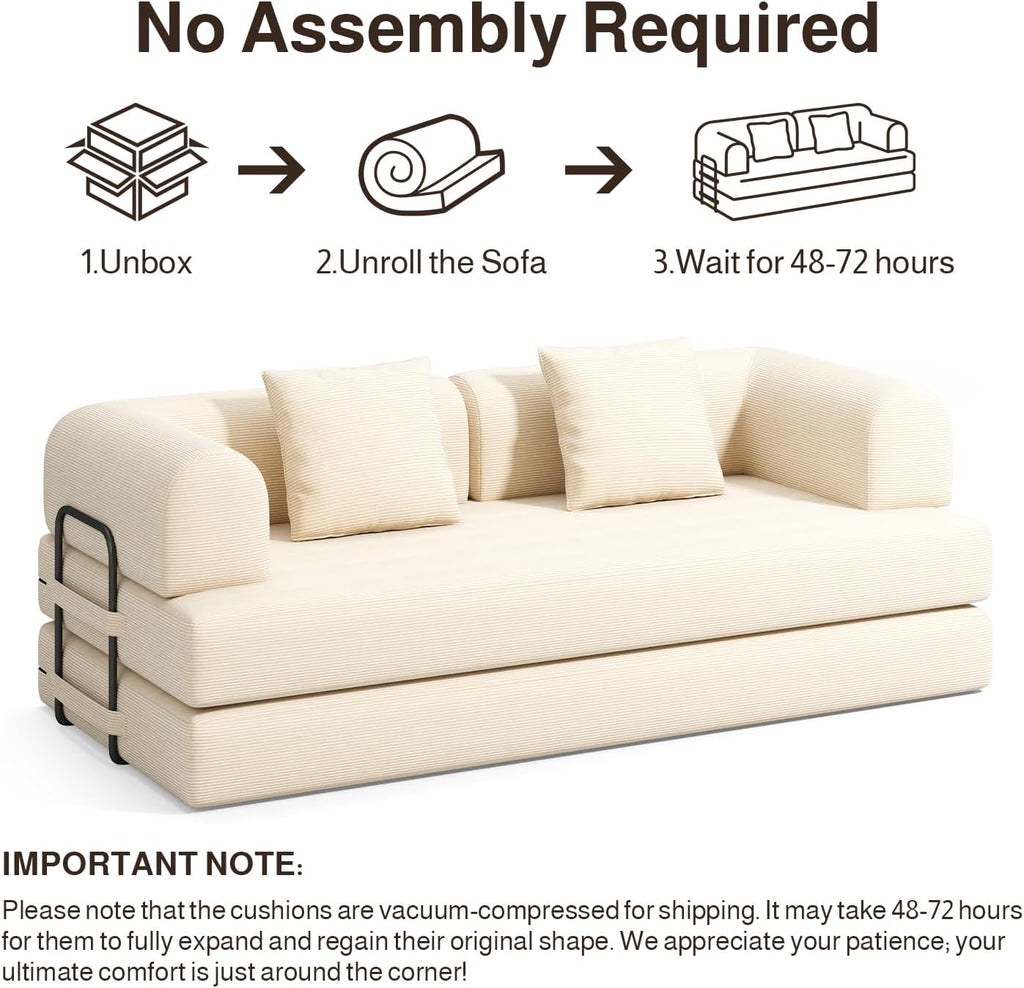 78.8" Convertible Sofa Bed, 5-in-1 Boneless Couch, No Assembly,Cream | Corduroy Boneless Loveseat Sleeper Sofa,Boneless Chair for Living Room,Futon Sleeper Couch with Removable Armrests & Pillows