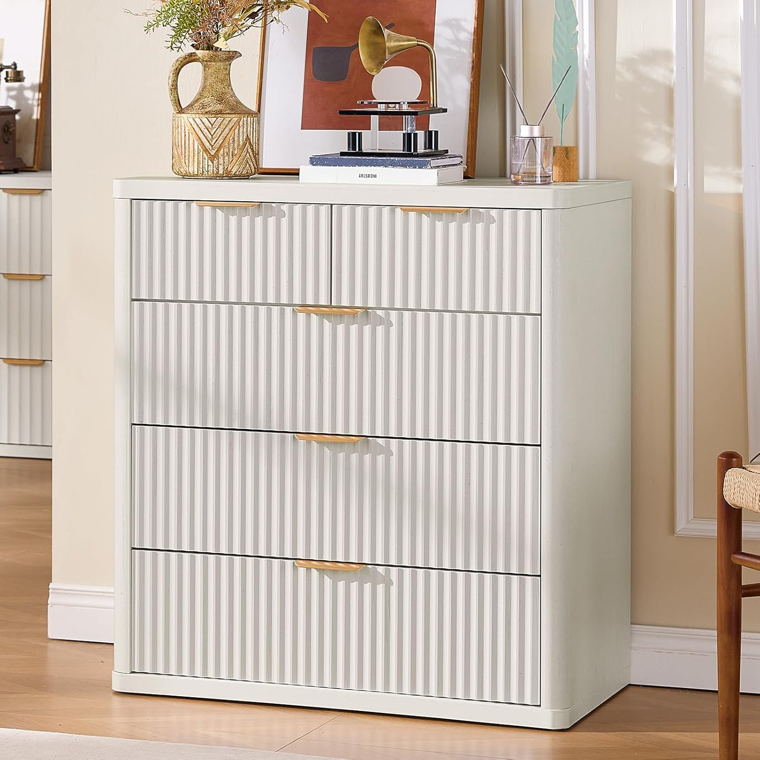 LEYAOYAO Fluted 5 Drawers Dresser for Bedroom Set of 2, 34" Tall Modern Chest of Drawers with Metal Handle, Curved Profile Design,White Wood Drawer Organizer for Bedroom, Living Room, Hallway