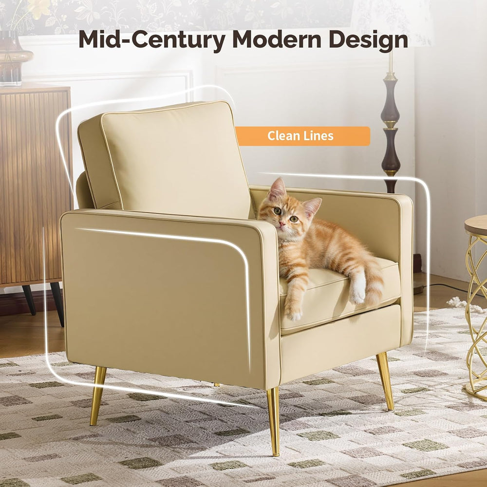 VINGLI Faux Leather Accent Chairs Set of 2 with Gold Legs for Living Room | B...