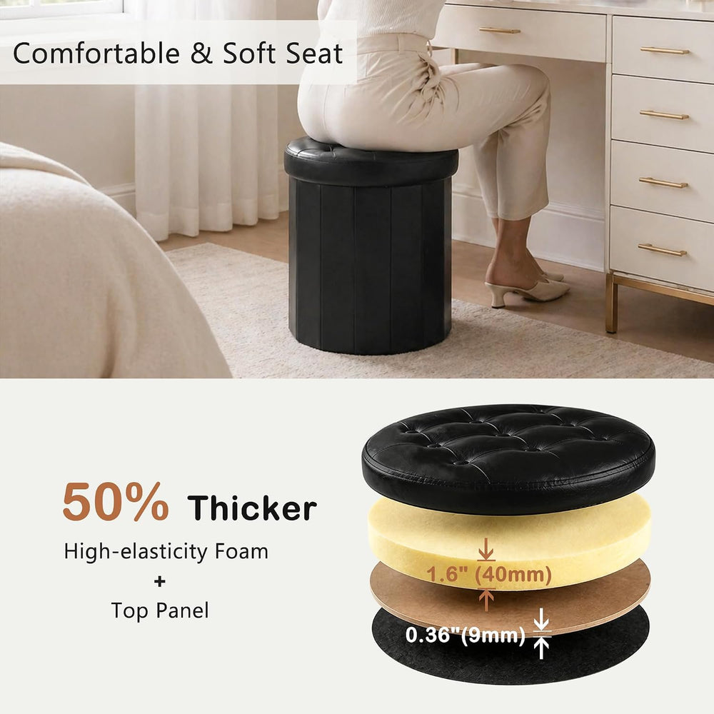 CAROLMADE Round Storage Ottoman, PU Leather Folding Footrest Stool with Thick...