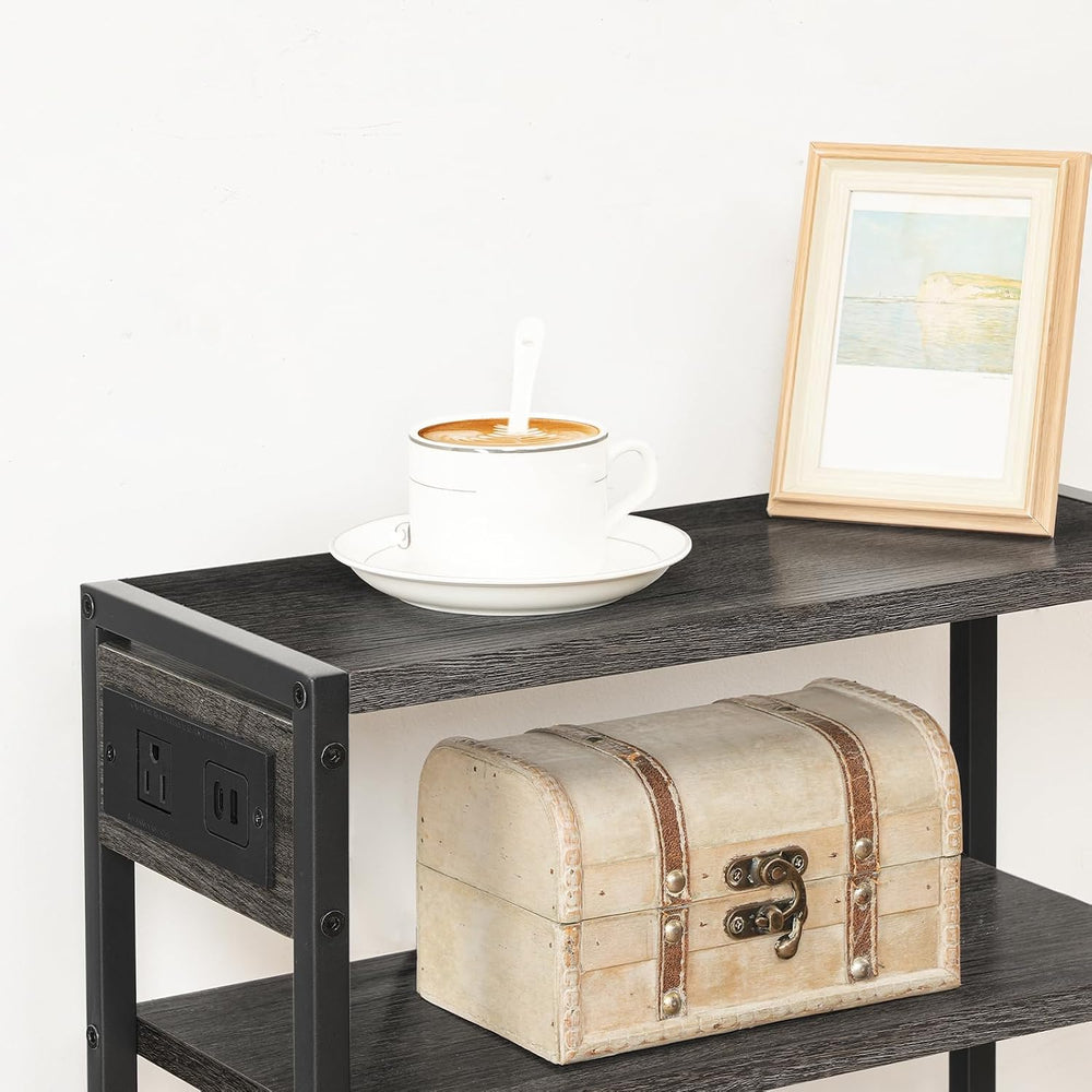 HOOBRO Small Narrow Side Table with Charging Station, Skinny End Table for Sm...